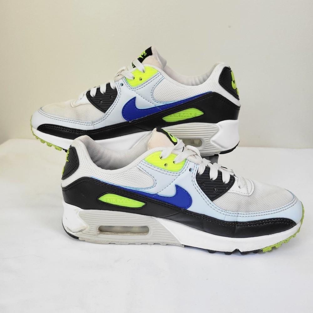 Nike Air Max 90 White Blue Volt Sneakers DH8010-102 Mens 6.5 Womens 8 - Picture 2 of 6